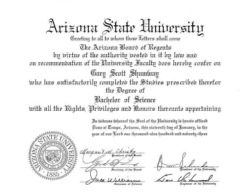 Gary S. Shumway's BS Degree from Arizona State University